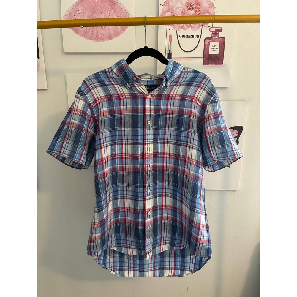 Ralph Lauren Mens Custom Fit Linen Plaid Short Sleeve Button Down Shirt Blue M